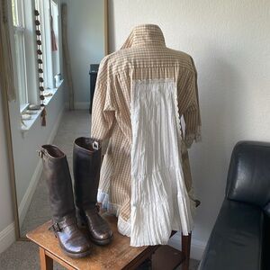 Tan Gingham Women's Top with Lace Accents